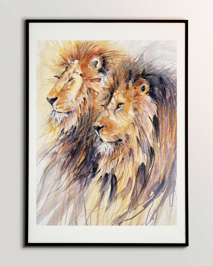 'Pride' Lions in Watercolour & Pastel Pencil Print