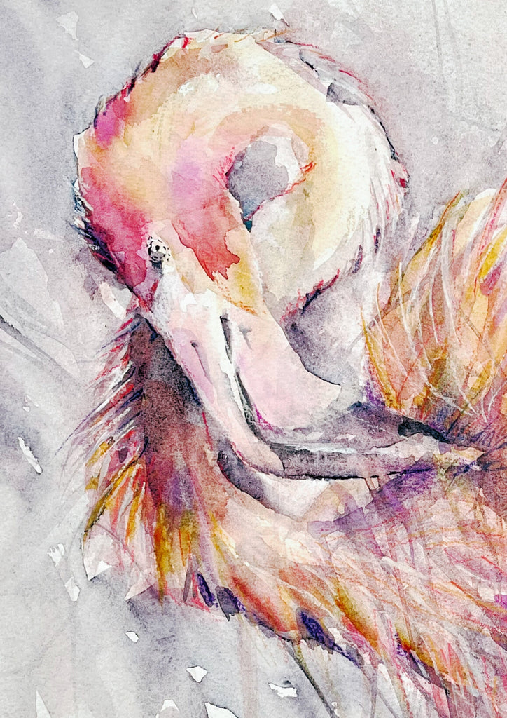 Preening Flamingo Watercolour Print